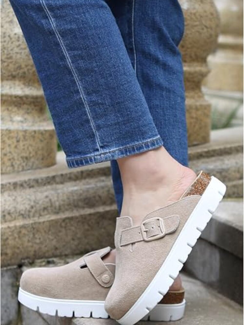 Genuine Suede Clogs for Women Platform Shoes，Leather Comfort Potato Shoes Chunky